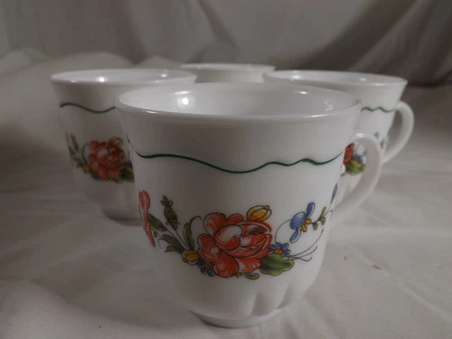 Set Of 4 Arcopal France Provincial Footed Cups  Milk Glass Floral Tea Coffee
