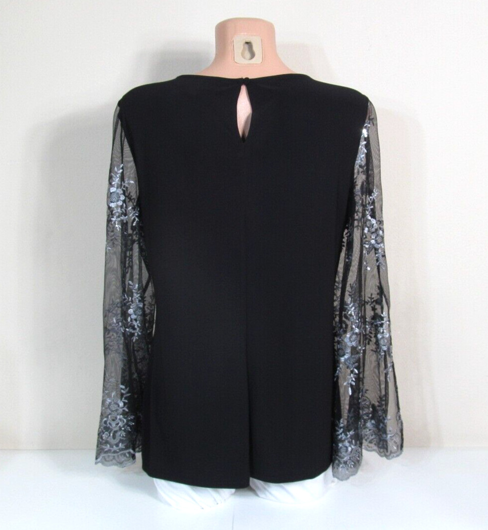 STUDIO BADGLEY MISCHKA Black Party Top Silver-Embroidered Sequined Sheer Sleeves image 4