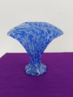 Vintage Fenton Blue Fan Vase Mist Art Glass Vasa Murrhina Fluted Twist