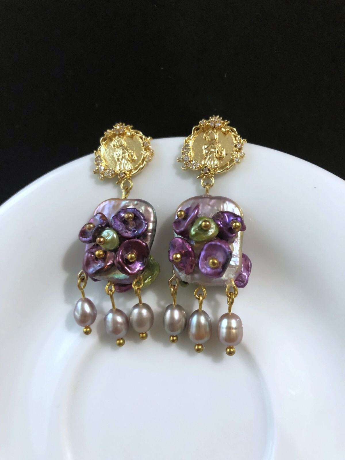 Boucles d'oreilles à franges de perles véritables baroques carrées violettes - 2