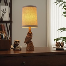 Vintage White/Wood Grain Owl Table Lamp - Resin Sculpture Base  Linen Shade ...