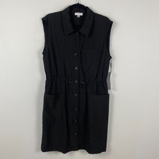 Calvin Klein Sleeveless Button Front Dress Size 10 Black Stretch Pockets Collar