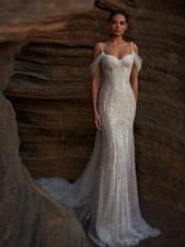 Sheer Elegant Draped Straps Wedding Dresses Dainty Pearls Mermaid Bridal Gowns