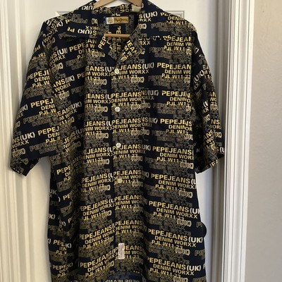 PEPE JEANS LONDON ALL OVER PRINT MENS XXL BUTTON UP Y2K Yellow On Blue