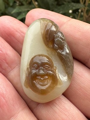 Certified Natural Hetian Jade Caramel White Hand carved Buddha Necklace Pendant