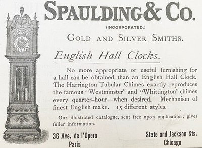 Antique ENGLISH HALL CLOCK Harrington Tubular Chimes 1892 Spaulding&Co. Print Ad