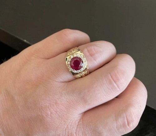 Natural Red Ruby & Diamond Engagement Wedding Men's Ring In 14K Yellow Gold - Picture 5 of 14