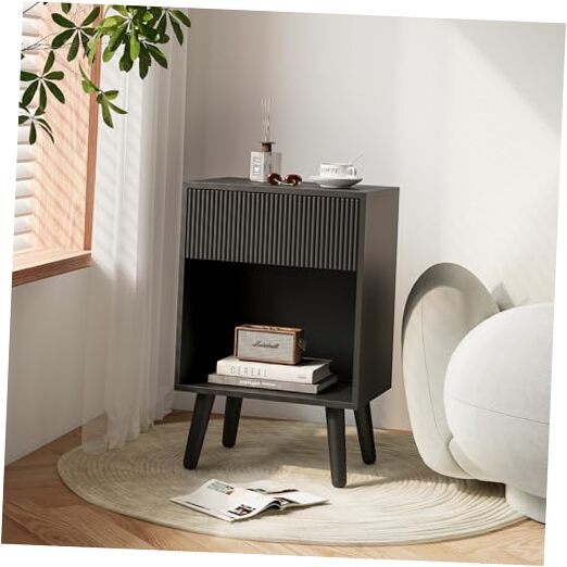 Modern Black Wood Nightstand with Storage Drawers and Open Shelf Design-image
