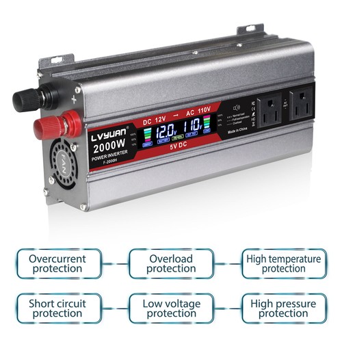 Inversor de potencia 1000W 2000W 12V a 110V (2+2) CA 2USB LCD convertidor de autocaravana, plateado - Imagen 3 de 11