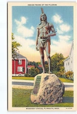 Massasoit Statue Indian Friend Pilgrims Plymouth MA Linen Postcard Vtg Unposted