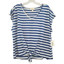 Style & Co Women's Printed Tie-Front Top Blue Large