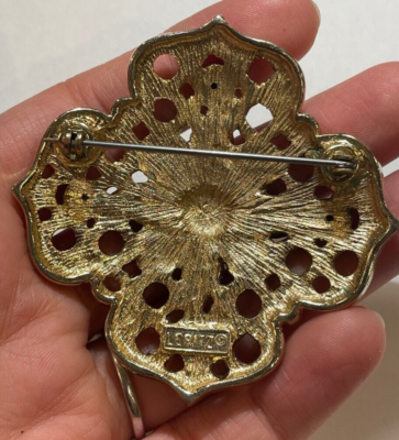 Broche Vintage Leritz Croix De Malte Bleu Et Jaune Avec Strass - Filigrane