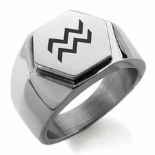 Stainless Steel Astrology Aquarius Mens Hexagon Crest Biker Style Signet Ring