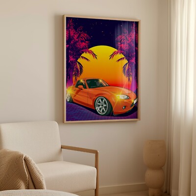 Tropical Sunset Car Poster Orange Sports Car Palm Trees 12X16