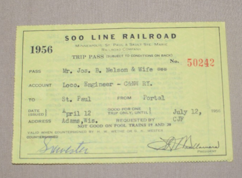 Soo Line Railroad Trip pass 1956