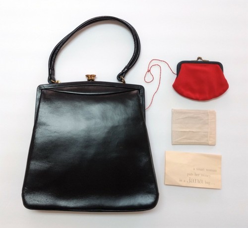 Vintage JANA 1960's Black Leather Handbag Purse w/Coin Purse and Small Mirror