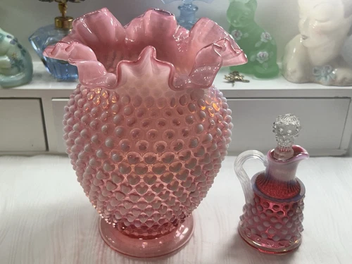 Vintage Fenton Cranberry Opalescent Hobnail Ruffled Vase & Cruet Set