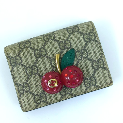 Auth Gucci GG Supreme Cherry Bifold Wallet Card Case Coin Pocket Interlocking G