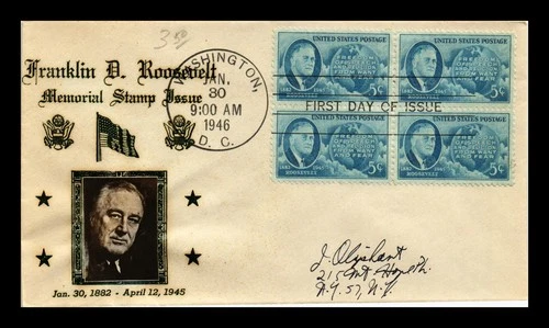 US COVER ROOSEVELT FOUR FREEDOMS FDC SCOTT 933 BLOCK OF 4 CROSBY PHOTO CACHET