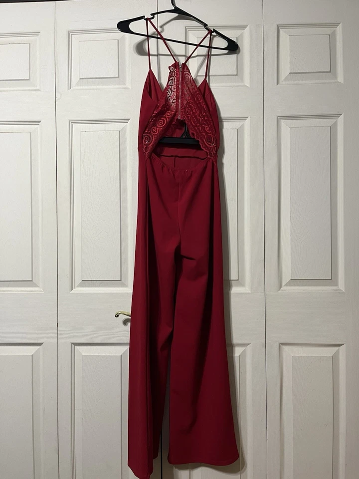 Joe & Elle Sleek Thin Strap Red Semi Lace Open Back Jumpsuit Women’s Size M - Image 2 of 2