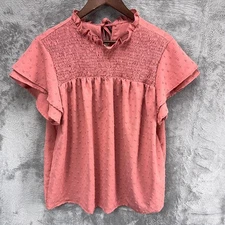 Womens Smocked Swiss Dot Ruffle Neck Top XL Boho Cottagecore Feminine Romantic