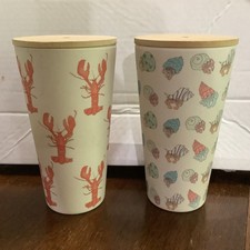 2 Sara Fits 22oz Cups NEW Bambo With Lids Beach Themed Made In USA