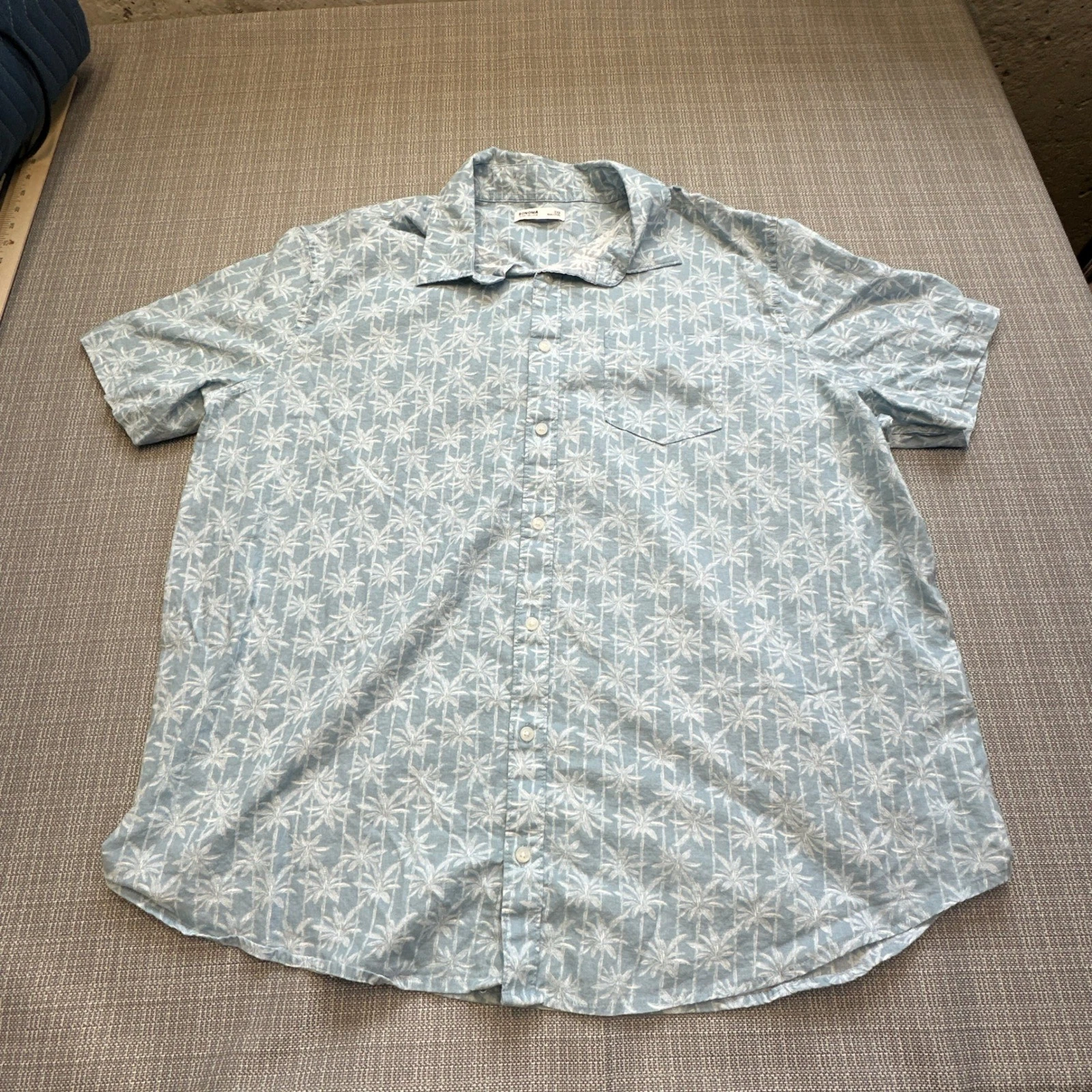 Linen Blend Hawaiian Shirt Mens 2XB Blue Vacation Palm Tree Resort