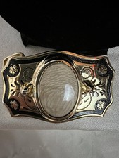 NWOT Belt Buckle Gold Tone Floral Inlay Natural Tone Stone Agate 2.5 x 1.5" USA