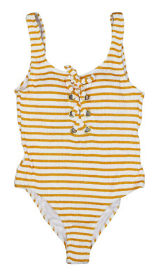 California Waves Juniors Textured Striped One Piece Bathing Suit M NWT Yellow