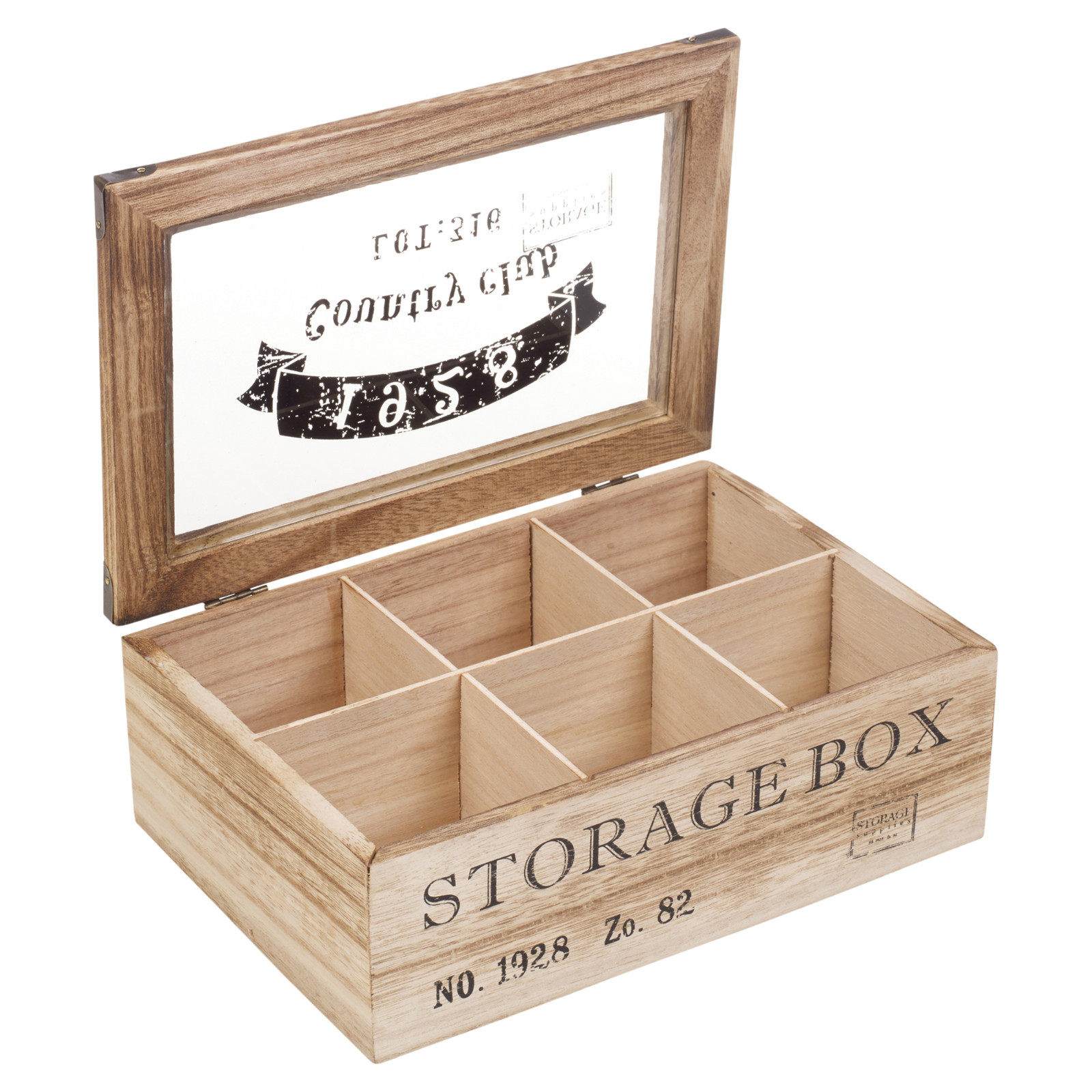 Wooden Tea Box 6 Or 9 Section Compartments Glass Lid Multi Storage Spice Chest