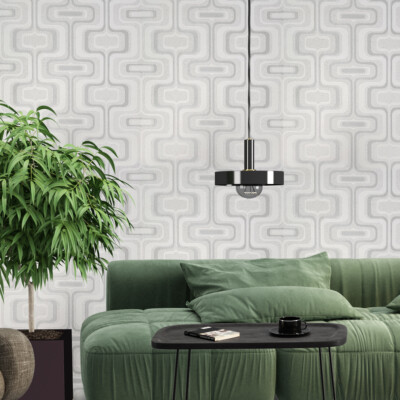 Retro geo Wallpaper light gray off white faux fabric Textured trellis wavy lines