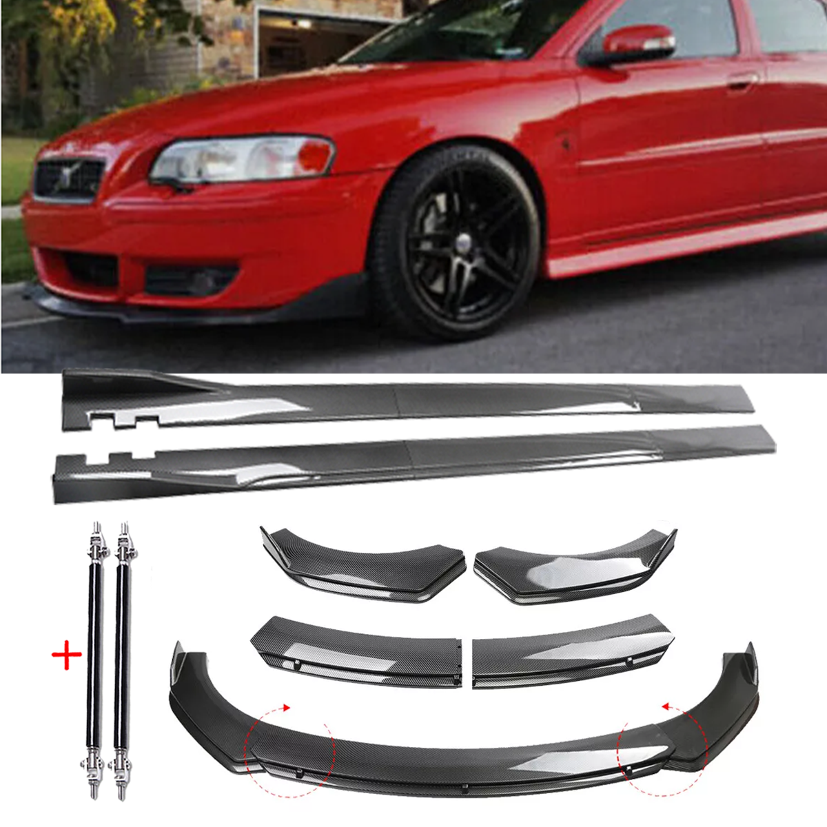 For Volvo S40 S60 S70 S80  Front Lip Chin Bumper Spoiler Body Carbon Fiber Side