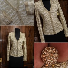 ST JOHN EVENING CREAM/METALLIC GOLD/ANIMAL PRINT RHINESTONE JACKET SZ 2 XS