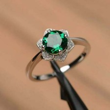 2Ct Round Cut Green Emerald Diamond Halo Engagement Ring In 14K White Gold Over