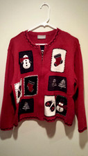 Vintage Tacky Zip-Up Christmas Cardigan - Croft  Barrow Petite - XL - Red