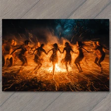 POSTCARD Women Fire Dance Spinning Flames Magical Night Scene Girls Dress Fun