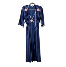 Vintage Lorraine Blue Floral White Trim Nightgown and Robe Set Size Medium