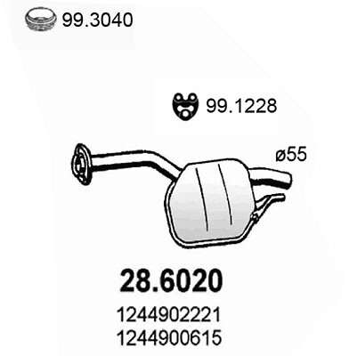 Silencieux central ASSO 28.6020 pour Mercedes-Benz Classe E W124 berline en acier aluminisé