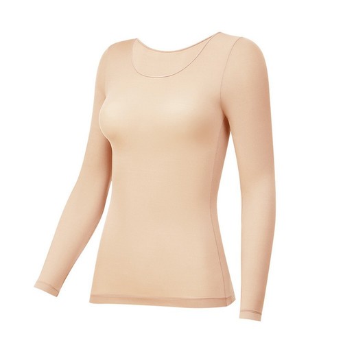 Women's Round Neck Slim Fit Thermal Underwear Top Soild Color Baselayer in Skin - Picture 5 of 7