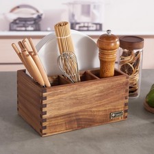 Acacia Wood Utensil Holder and Paper Plate Dispenser, 4 Compartment Countertop
