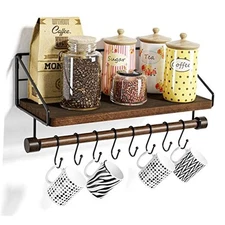  Floating Shelf Wall-Mounted, Coffee Bar Shelf with Hooks and Towel Dark Brown