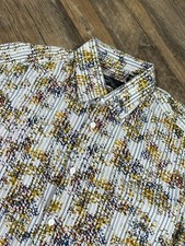 Jhane Barnes Frequency Abstract Splatter Striped Button Up Shirt L Short Sleeve