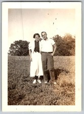 Vtg B&W Snapshot Smiling Couple Outdoors In Field 1940s