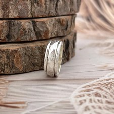 925 Sterling Silver Spinner Ring: Hammered Wide Band Fidget Jewelry All Size