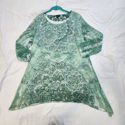 Cal Style Embellished Lace Overlay Sharkbite Tunic Top Women L Green Boho USA