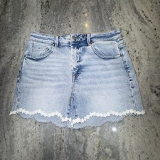 Risen Jeans High Rise Shorts Scalloped Hem Crochet Flowers Sz L 30 Festival