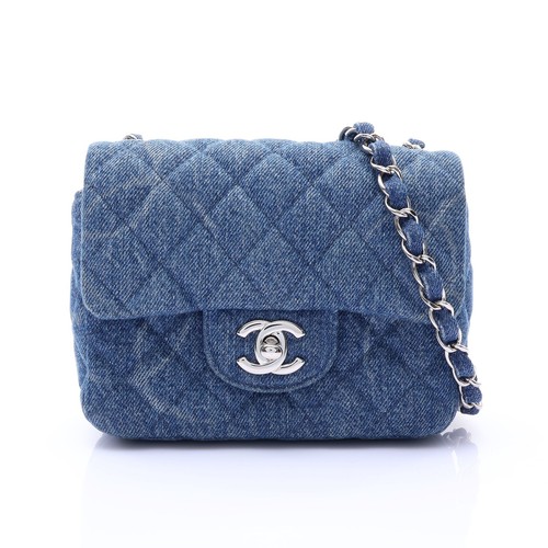 CHANEL Mini Square Flap Shoulder Bag Blue Quilted CC Denim