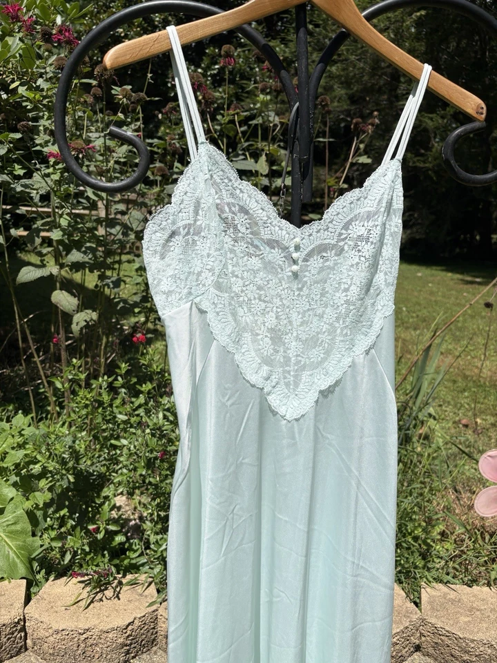 Vintage Baby Blue Long Satin Lace Gown Nightgown Intimates Size Medium - Image 2 of 4