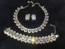  Vintage Coro Lilac & Silver Ab Rhinestone Necklace Bracelet Earrings Set
