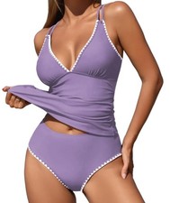 ZAFUL Women  s Tankini Set V Neck High Waisted Ruched 2pc Plum Pie M